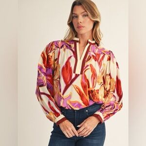Multicolor floral banded scalloped boho western blouse tunic top shirt